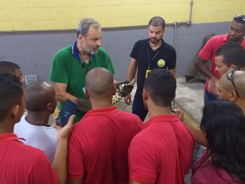 Instrutor demonstrando manejo de serpente durante treinamento prático em campo